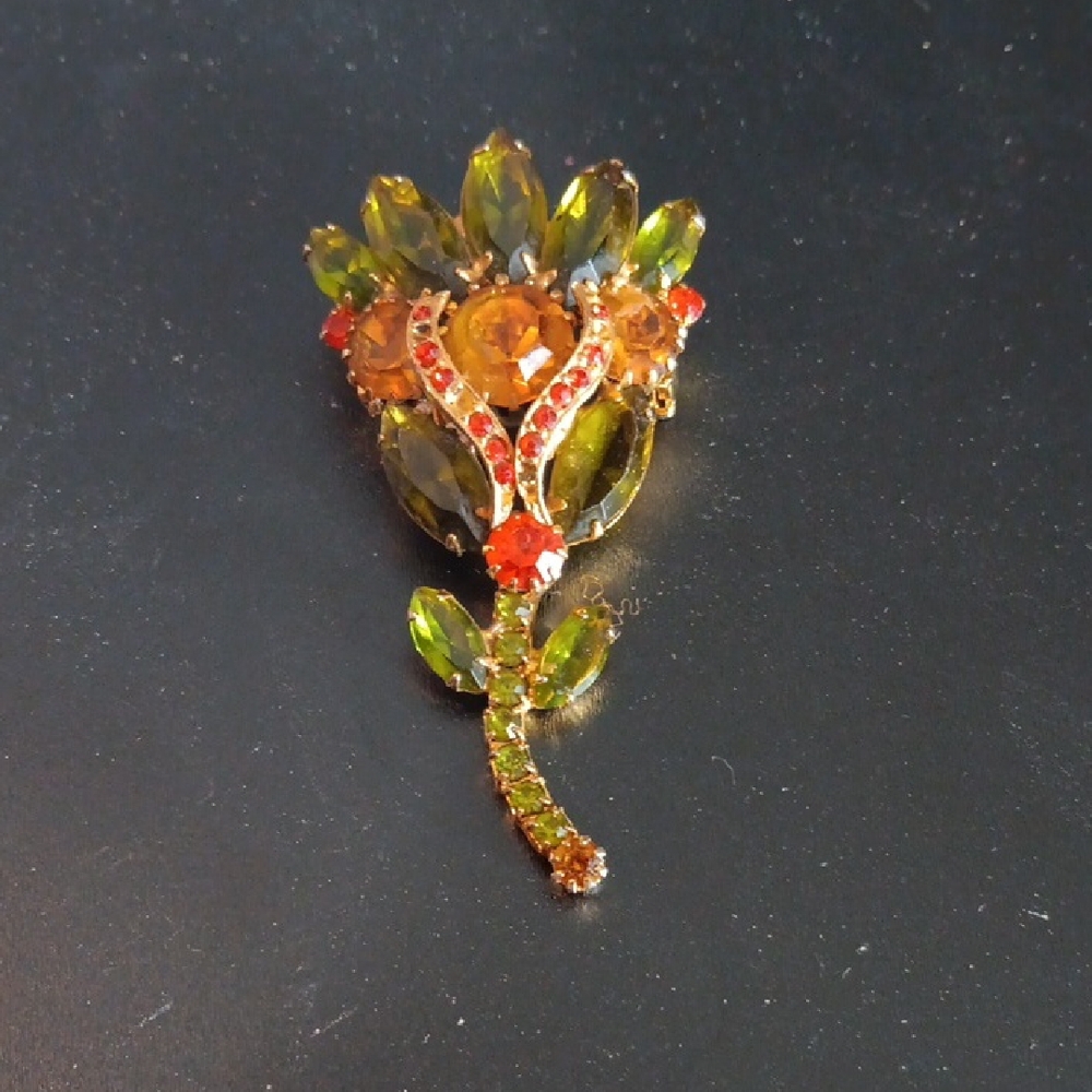 Gold and Green Crystal Floral Brooch
